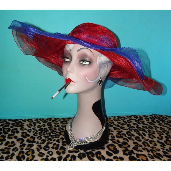 Vintage Purple & Red Sheer Wide Brim Sun Hat summer church hat pinup retro glam main image 8